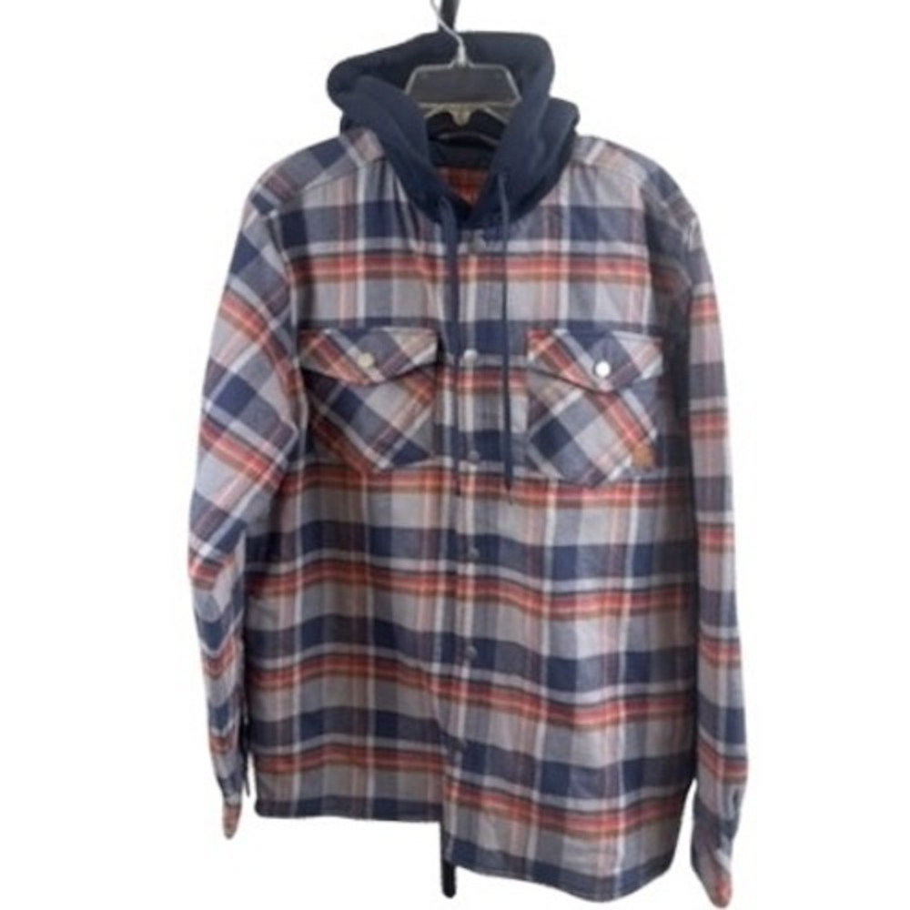 Farm Boy Men's Size Large Red Blue‎ Plaid Flannel Lined Hoodie Shirt Jacket Top